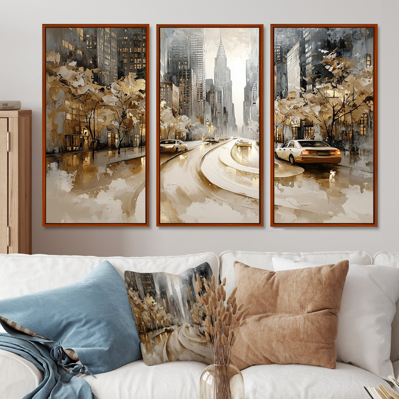 Ensemble de décorations murales Broadway Buzz New York City II - New York City, Toile avec cadre flottant brun