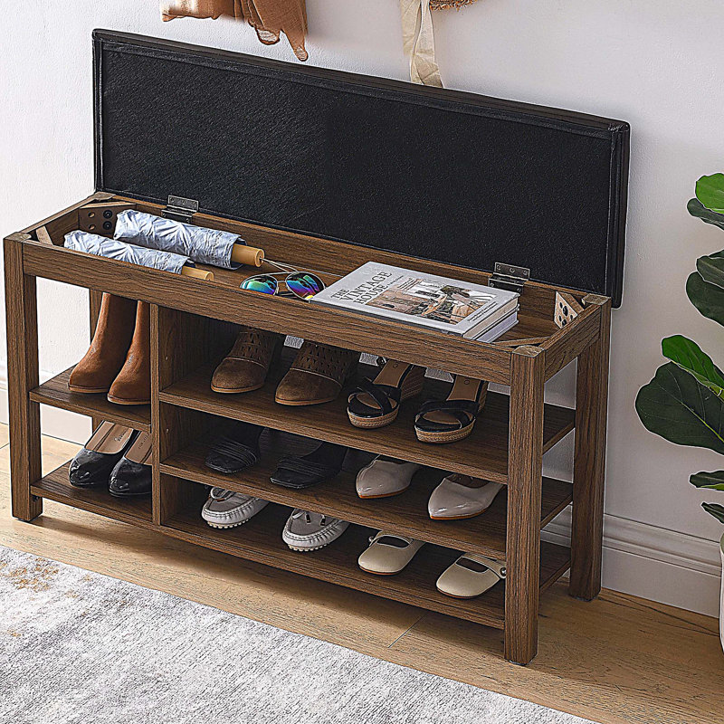 A height-adjustable long shoe storage bench, made of natural rubberwood, comes with a comfortable seat, concealed storage space and large storage compartments