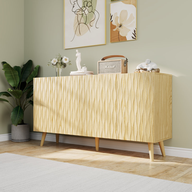 Erommy 4 - Door Accent Cabinet With Adjustable Shelves, 58"W Buffet Cabinet With Sculptural Wave Design For Dining Room, Living Room And Coffee Bar