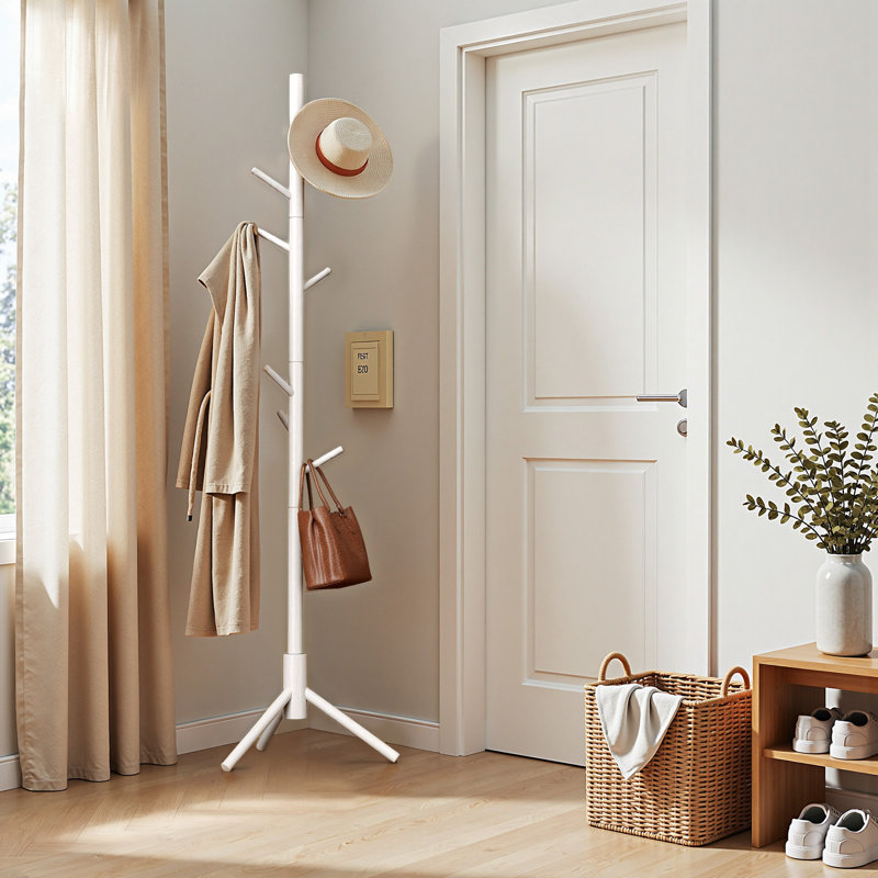 Adosinda 8 - Hook Freestanding Adjustable Solid Wood Coat Rack for Bedroom, Closet, Entrance, White