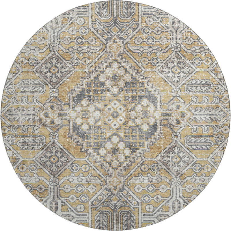 Premium Machine Washable Mayfield AMF2197 global Rug, Gold, 8' Round