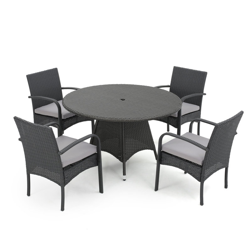 Aonghus 4 - Person Wicker Patio Dining Set with Round Table , Cushions Included, Gray