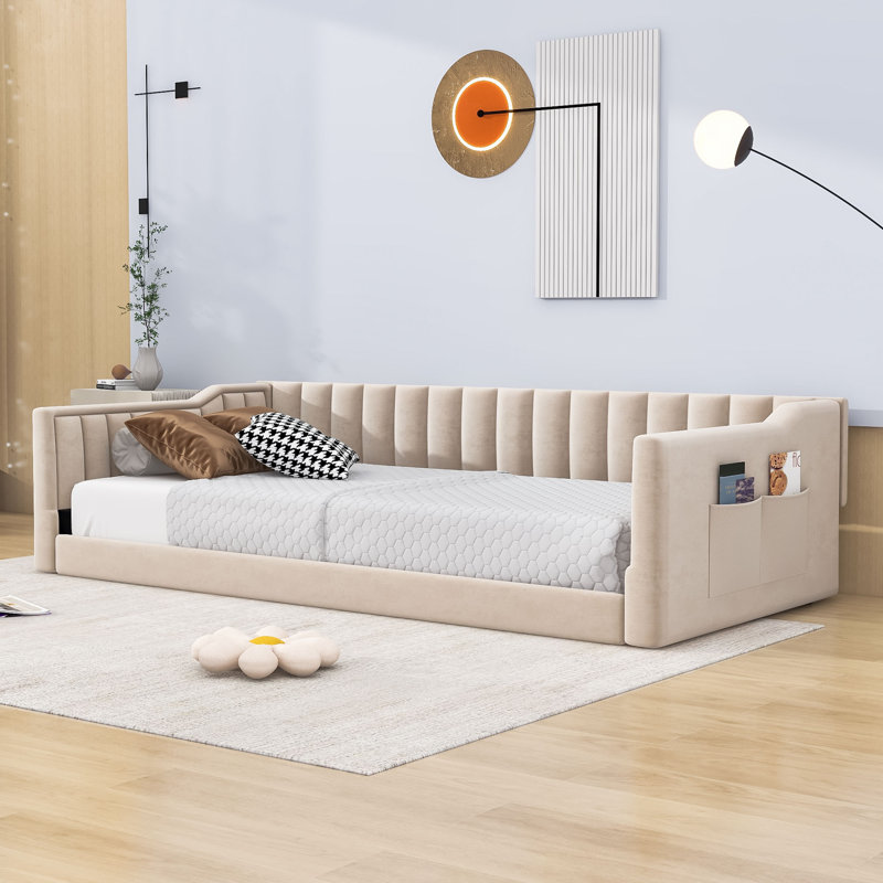 Lit de jour rembourré en velours Murdoch, Beige, Très grand simple