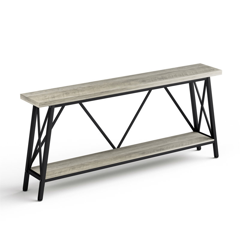 Très longue table de canapé avec tablettes de rangement à deux niveaux, idéale pour les couloirs, les salons, les vestibules et les entrées, offrant beaucoup de rangement et une fabrication robuste