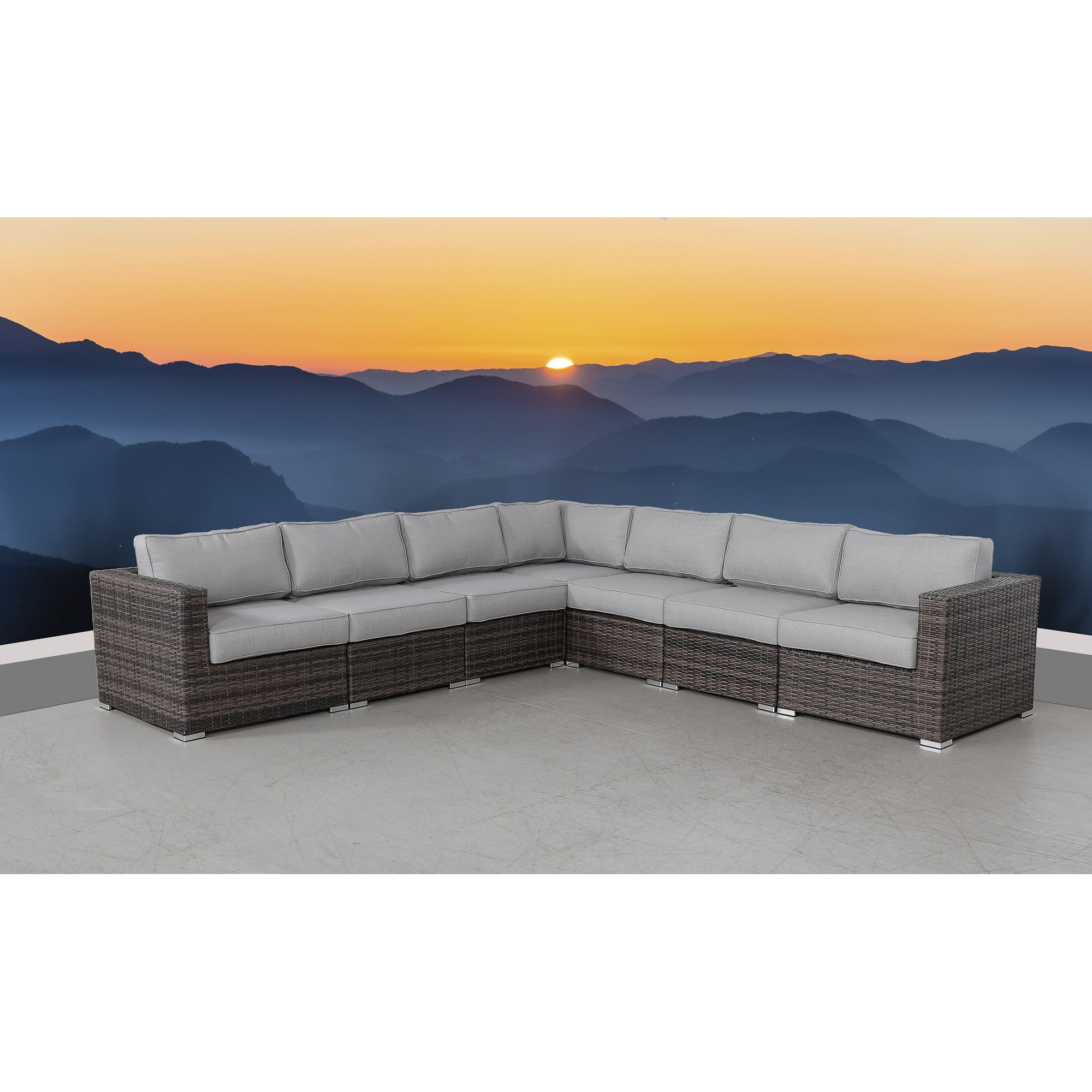 Foxtrot Fully Assembled 122'' Wide Outdoor Wicker Patio Sectional with Cushions, Olefin Gray Cushion/Brown Frame
