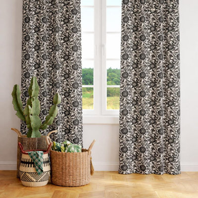 Modern Mid Century Black Floral Curtains