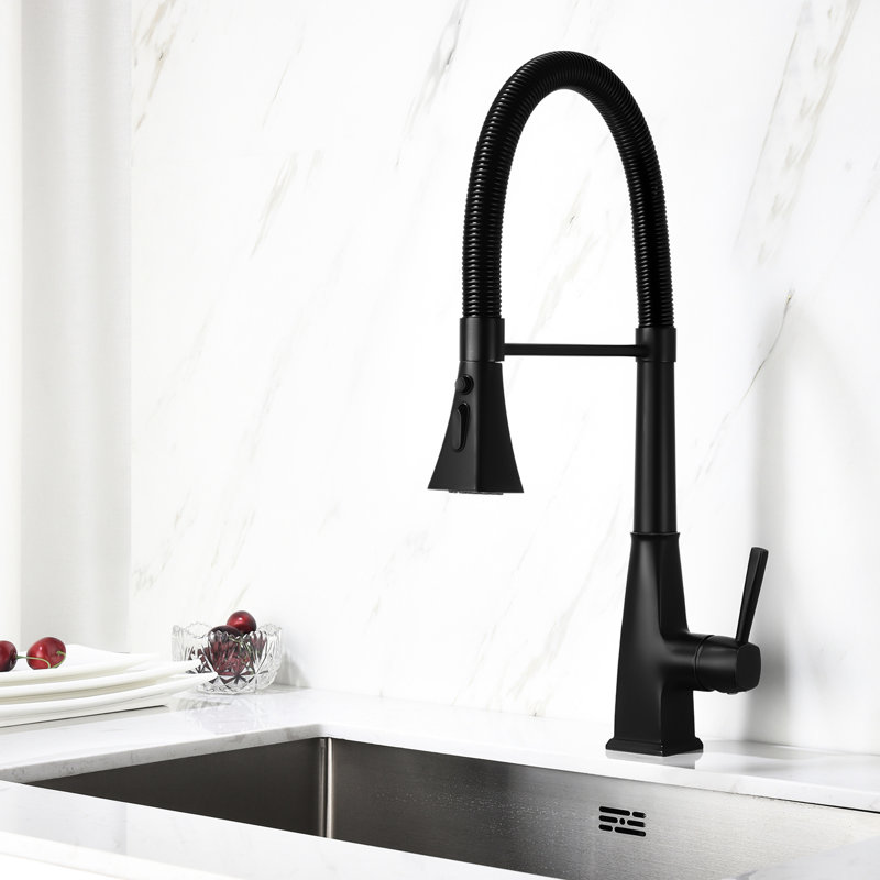 Robinet de cuisine rétractable noir mat, acier inoxydable, buse rotative à 360 °, deux réglages de débit d'eau, robinet à température et débit faciles à utiliser avec tête de pulvérisation rétractable, rotatif
