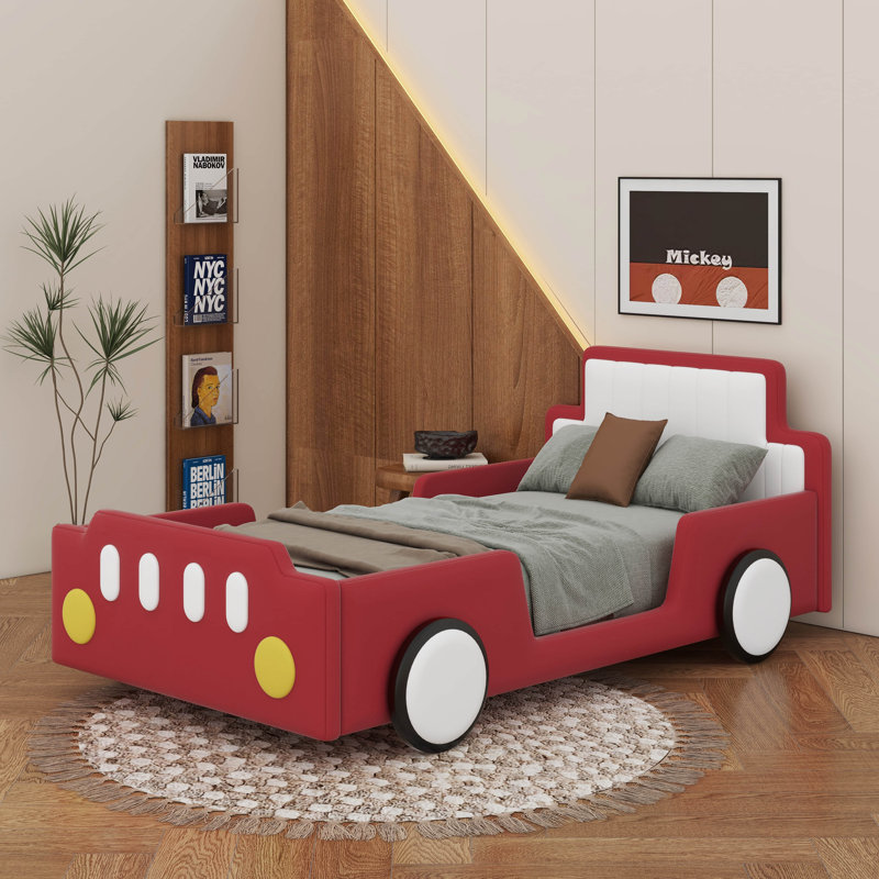 Lit simple de course en forme de voiture avec roues, Rouge
