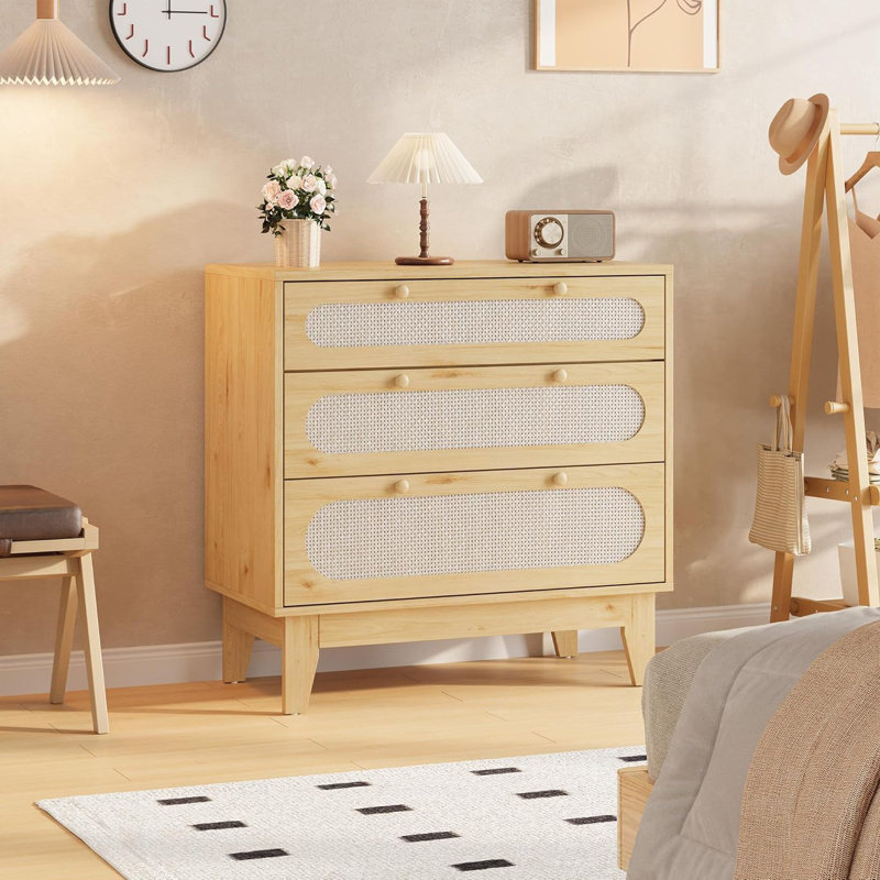 Rattan Drawer Dresser, 3 Wood Drawers, Oak