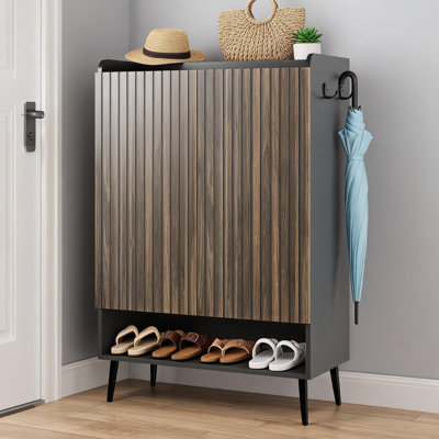 Armoire à chaussures à 6 niveaux avec 2 portes, grande armoire à chaussures en bois avec tablettes réglables pour 25 à 30 paires, étagère de rangement de chaussures autoportante rétro pour entrée, couloir, salon.