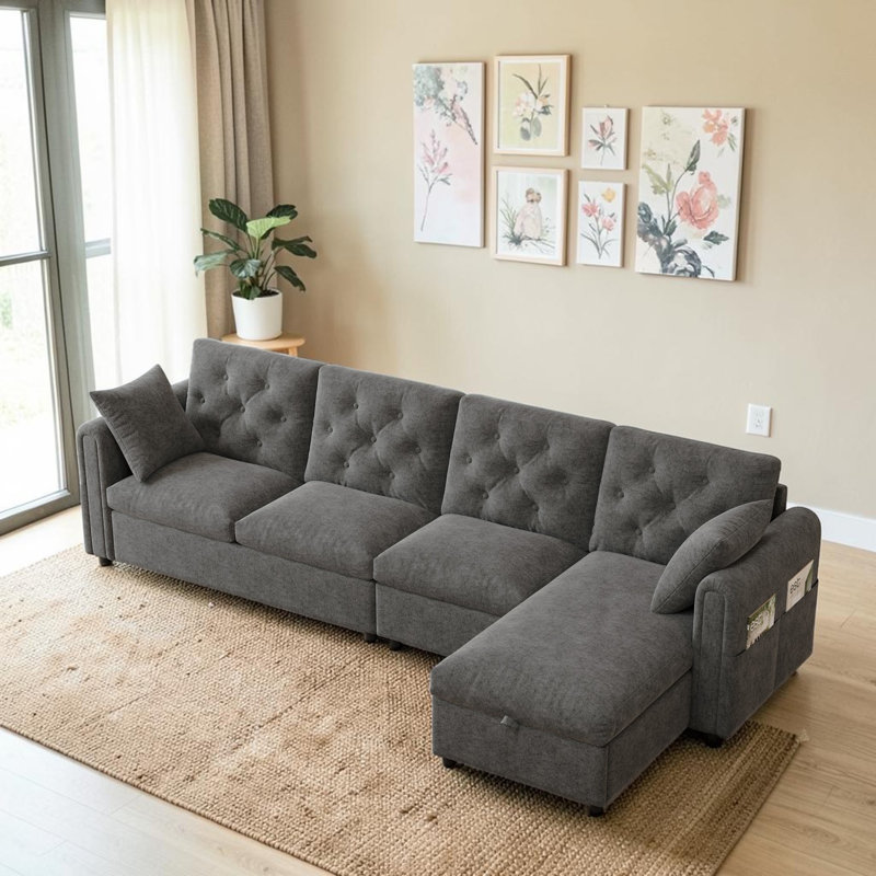 4 Seater Velvet Sofa & Chaise, Grey Velvet