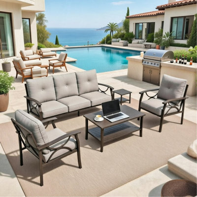 5-Piece Metal Patio Furniture Set, 5-Seat All-Weather Conversation Sofa With 4 Inches Thick Gray Cushions, Khaki Frame, Coffee Table & End Table For Porch Backyard Garden