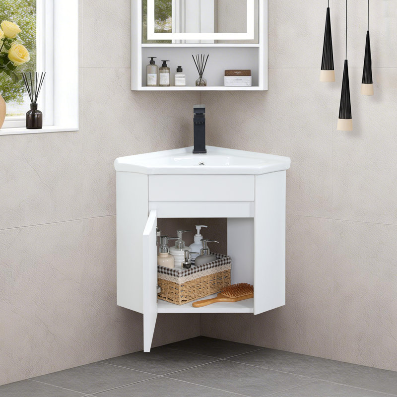 22"White Corner Single Bathroom Vanity Set With Ceramic Top