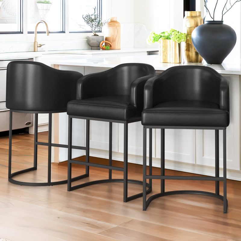 Camallea Upholstered Counter Stool With Metal Frame, Black/Faux Leather 