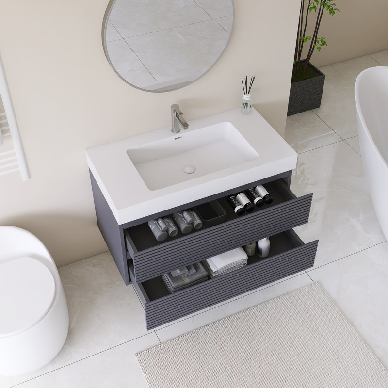  Meuble-lavabo mural simple gris avec plateau en résine intégré blanc, 36"