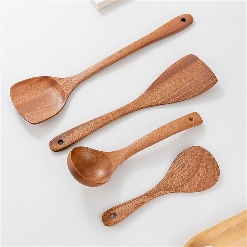 4PCS Handcrafted Ebony Wood Cooking Utensils - Spatula, Spoon, And Turner For Non-Stick Cookware