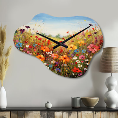 Colorful Wildflowers Meadow Blooms I - Wildflowers Cloud Metal Clock, Traditional Asymmetrical Wall Clock Print