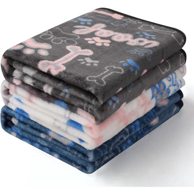 1 Pack 3 Blankets Fluffy Premium Fleece Pet Blanket Flannel Paw Bone Printed Throw For Dog Cat(Small 23"X16", White