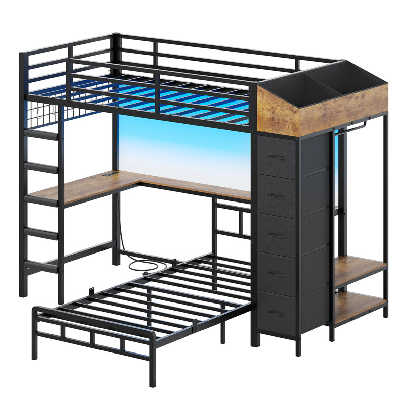 Bunk Bed with Desk and Storage Hall Tree & 5 Drawers, Black