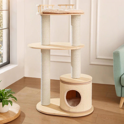 25.98"Natural color solid wood multi-layer cat climbing frame