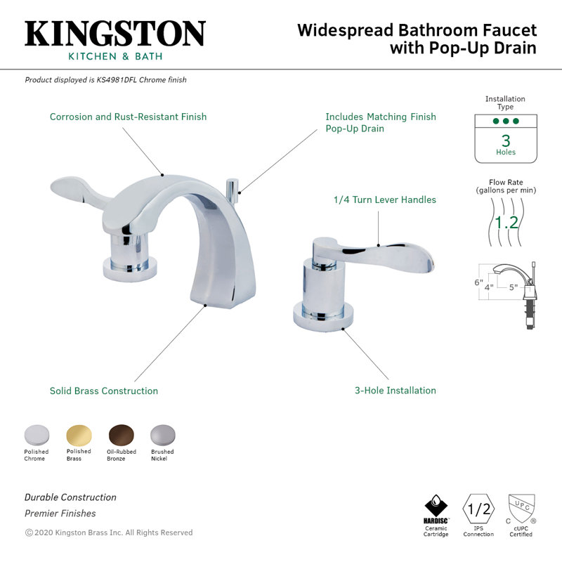 Kingston Brass NuWave Two-Handle 3-Hole Deck Mount Widespread Bathroom Faucet with Brass Pop-Up Drain, Oil Rubbed Bronze
