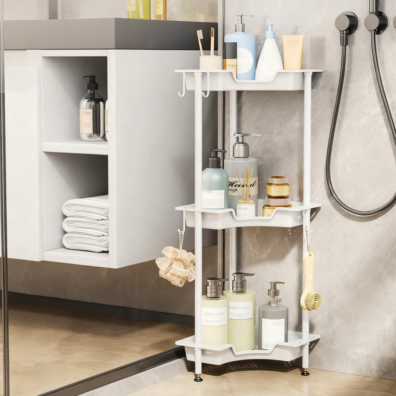 Organisateur de douche sur pied à 3 niveaux avec crochets, support de rangement de salle de bain imperméable en plastique et en acier inoxydable pour douche et baignoire