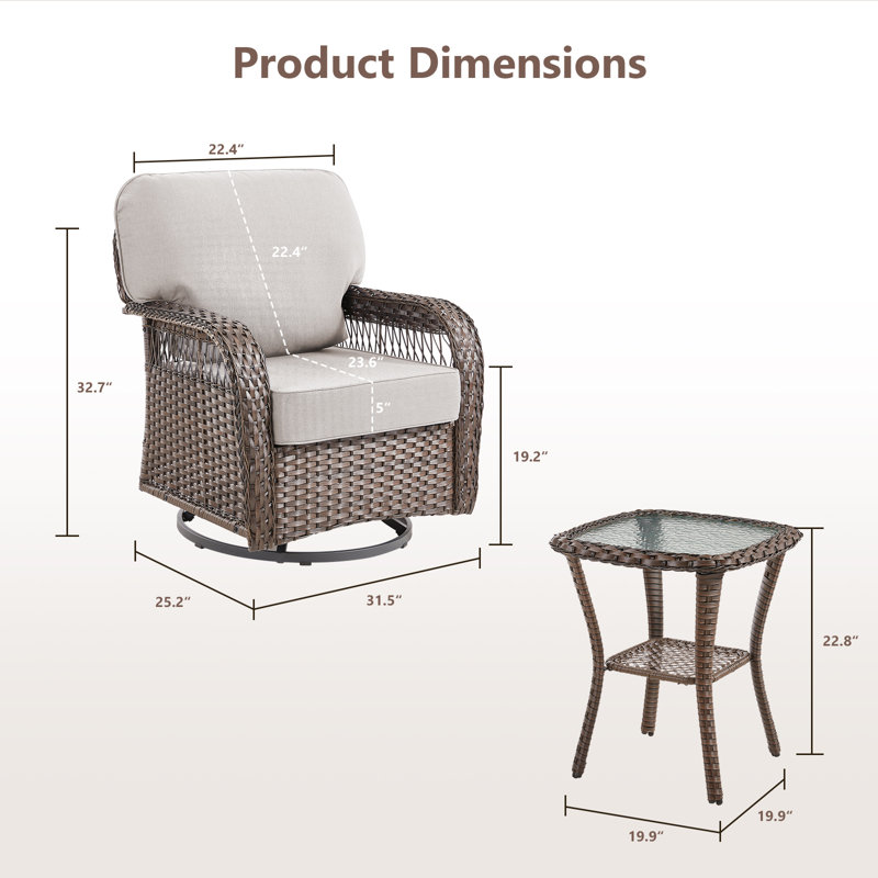Ensemble de conversation pour patio en osier 6 pièces avec 4 chaises pivotantes et tables d'appoint, Beige, Gris