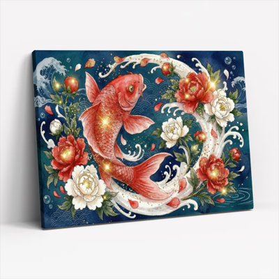 Koi Fish And Flowers Canvas Wrapped Wall Art Oil Painting Print Set Of 1