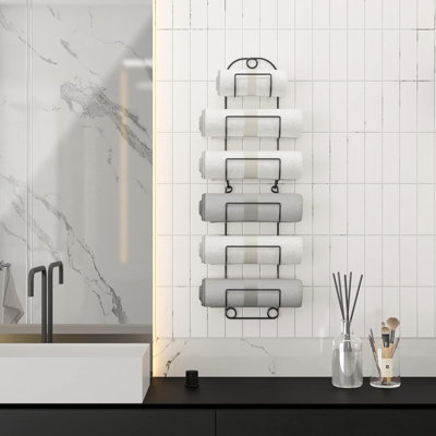 Porte-serviettes de salle de bain mural - Tablette en métal à 6 niveaux pour le rangement des serviettes et porte-bouteilles de vin - Design durable résistant à la rouille pour la décoration intérieure