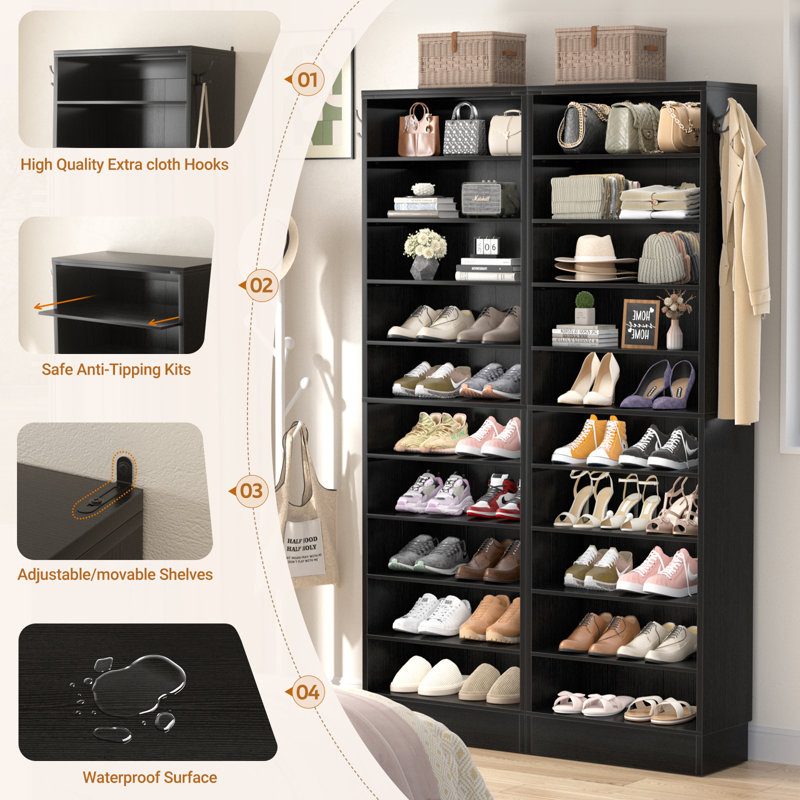 Tall Shoe Storage Cabinet, 10 Tiers Wood Shoe Rack, Black