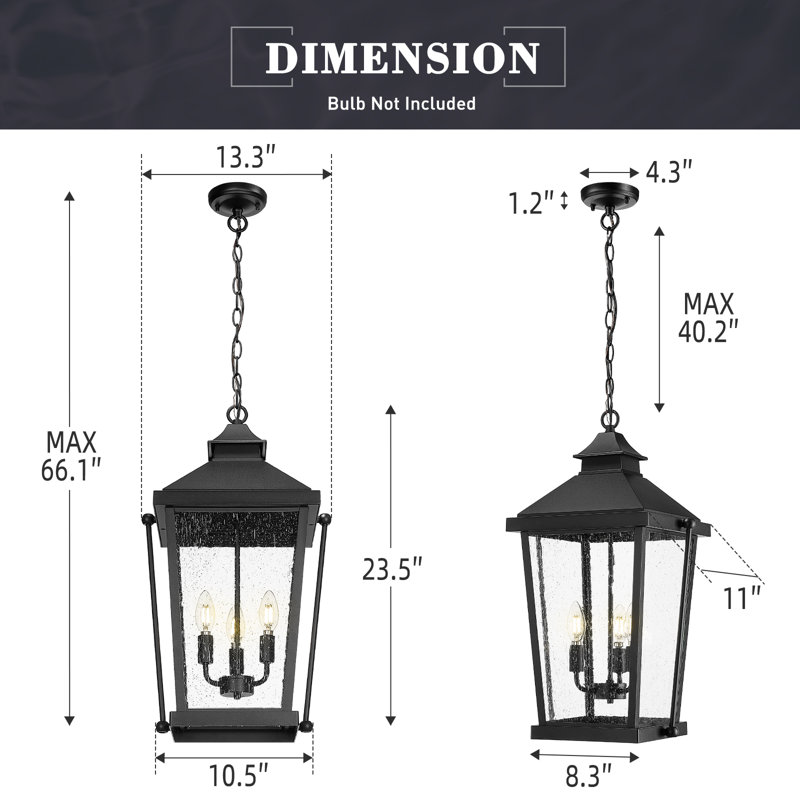 23.5 Inch Large Outdoor Hanging Light Die-Cast Aluminum Seeded Glass Black Finish