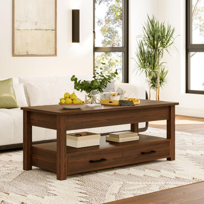 Table basse à plateau relevable avec tiroirs et rangement caché, table de salon de style industriel rétro avec hauteur réglable ergonomique et fabrication robuste