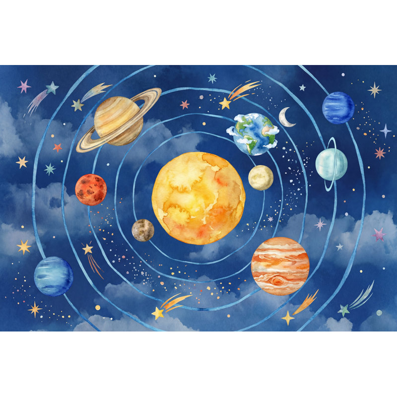 Papier peint système solaire aquarelle marine foncé, 100 po x 96 po, Non tissé