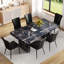 Ensemble de table et de chaises 78,7 po x 39,4 po x 29,9 po, panneau de salle à manger luxueux en marbre noir avec un plateau de table de 3,5 po d'épaisseur et 6 chaises en polyuréthane noir avec un motif à rayures verticales sur le dossier.-2115652897