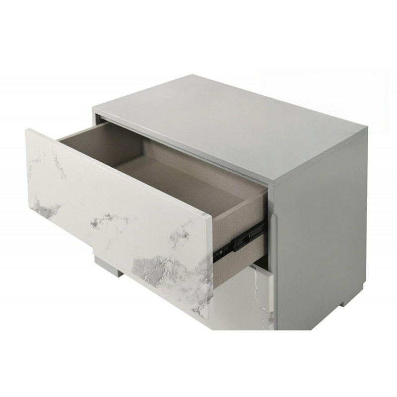 Table de chevet moderne laquée blanc / gris avec stratifié marbre