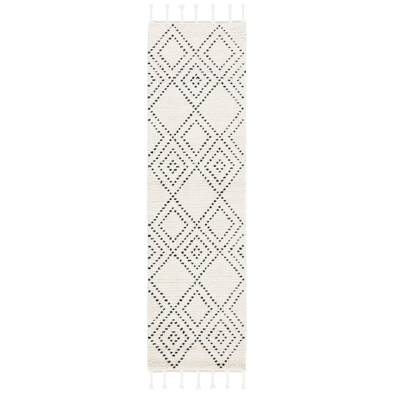 Mehaffey Hand Loomed Wool/Cotton Geometric Rug in Ivory/Black, Runner 2'3" x 8'