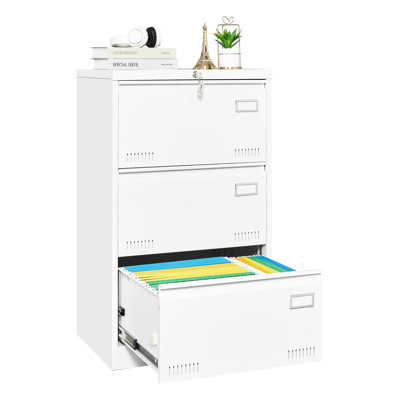 Locking 3 Drawer Metal Filing Cabinet, White, Widened Drawers For Efficient Office File Organization And Storage Cabinet In White Metal, Locking, Organized Handling