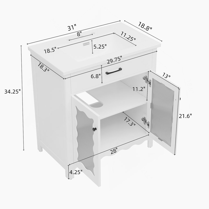 Meuble-lavabo 31 po avec verre trempé, Blanc
