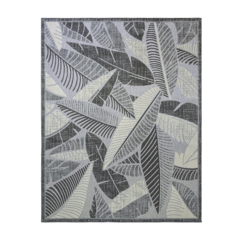 Tapis d'intérieur / extérieur à motif de feuilles de palmier gris ivoire Fosel Lago, Rectangle 6 pi 6 po x 9 pi 6 po