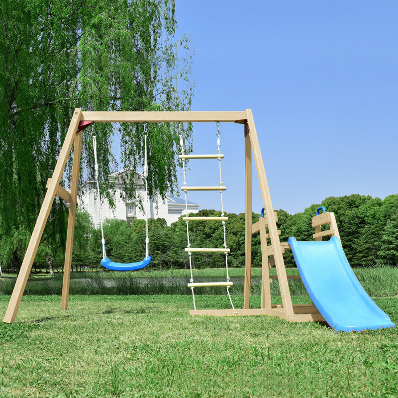Portique en bois avec glissade, aire de jeu extérieure, Brun et bleu
