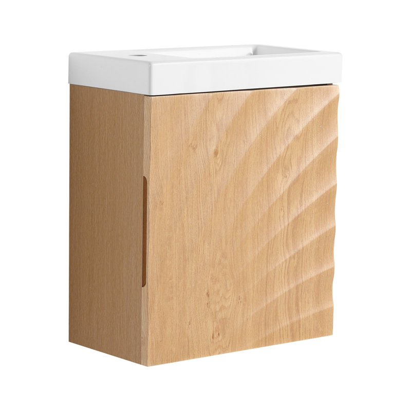 Meuble-lavabo mural 18,5 po avec lavabo en résine, porte simple à fermeture douce, bois naturel, solution de rangement moderne pour assemblage sans quincaillerie supplémentaire