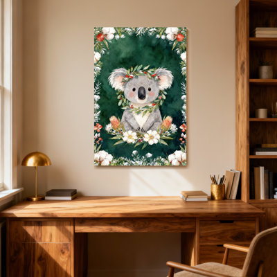 Christmas Koala With Floral Crown And Green Background