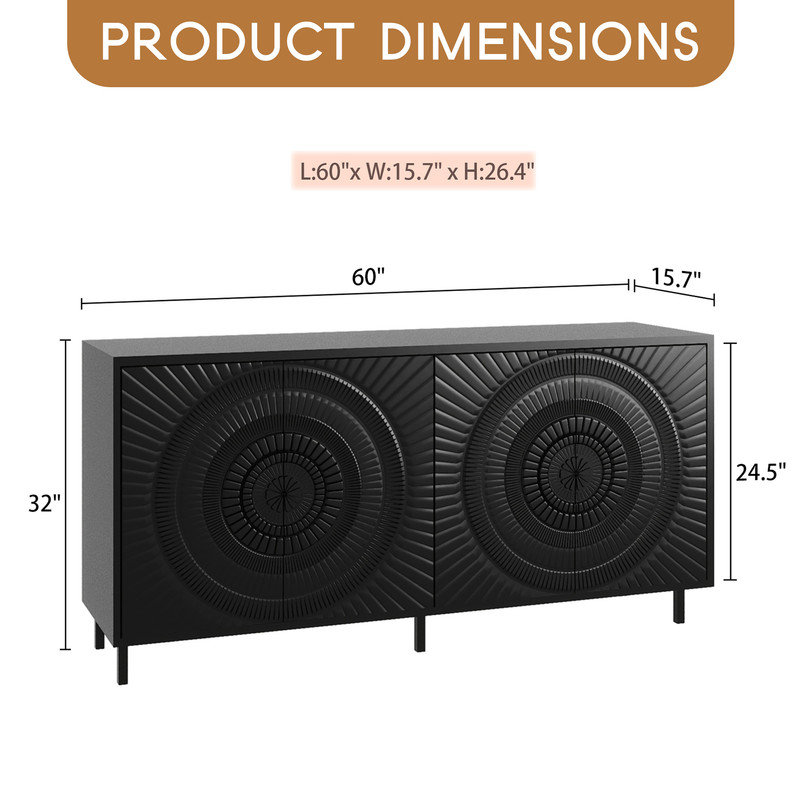 Buffet noir moderne avec portes-fenêtres et conception de soleil, armoire de rangement à tablette réglable pour le salon, la salle à manger et le vestibule
