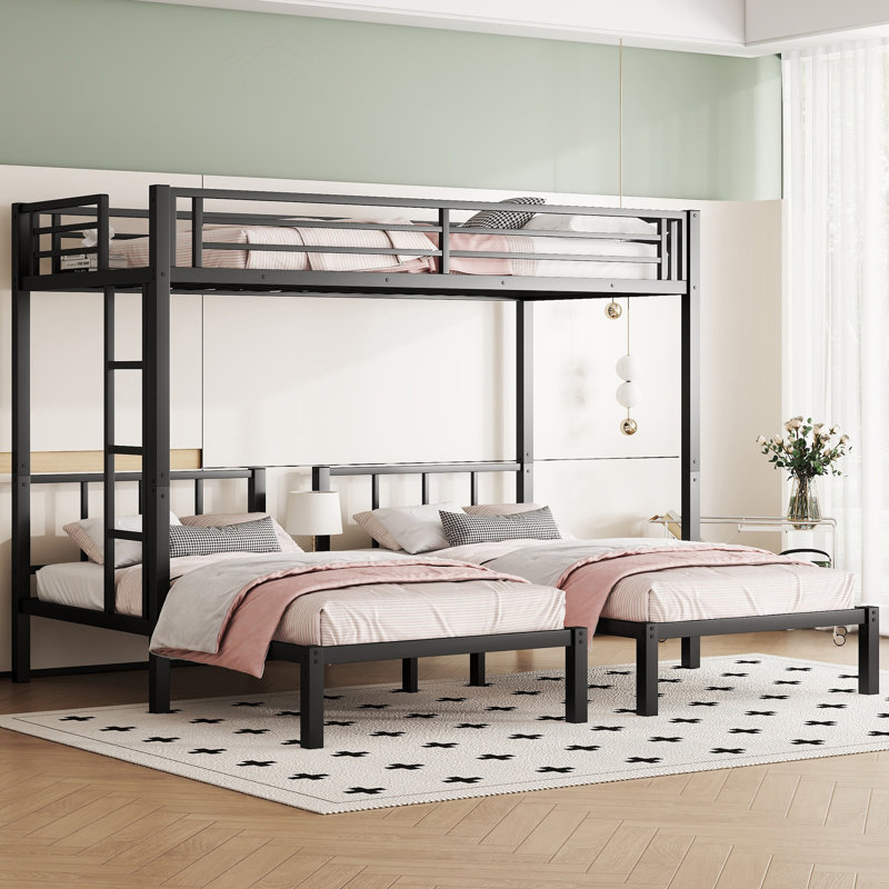 Heavy Duty Triple Bunk Bed for 3, Twin Over Twin Over Twins with Guardrails and Ladder, Metal Bunk Bed, 3 Bed Teens and Adults, No Box Spring Needed, Black