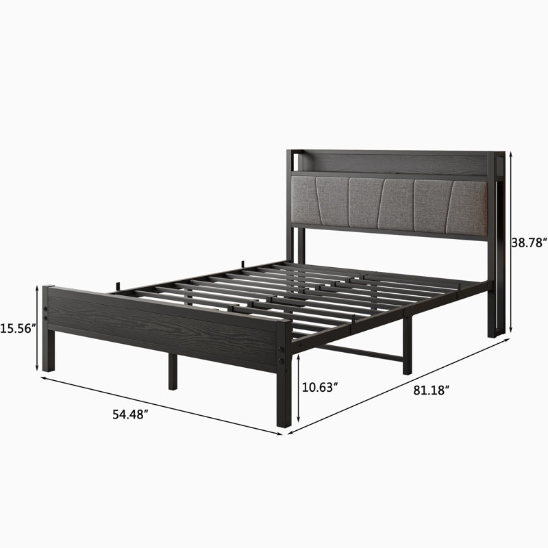 Structure de lit double avec tête de lit et station de charge, lit plateforme solide et stable, aucun sommier requis, assemblage facile