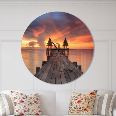 Glowing Sky and Long Wooden Bridge - Modern wall clock