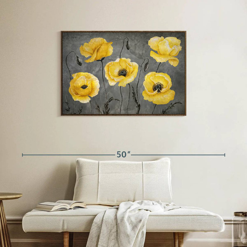 Coquelicots jaunes, 37 po x 25 po, Cadre flottant en noyer