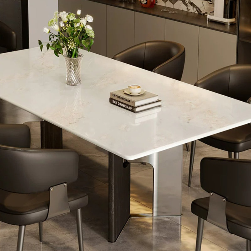Table de salle à manger rectangulaire en pierre blanche, métal et bois composite, H 29,53 po x L 70,87 po x l 35,43 po