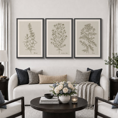 Minimal Botanical "Duotone Beige Green Classic Artwork, Simple Neutral Botanical Wall Pictures, Large Framed Canvas Giclee Print 3 Pieces Wall Art Set"  16"x24"x3 pcs, 24"x36"x3 pcs