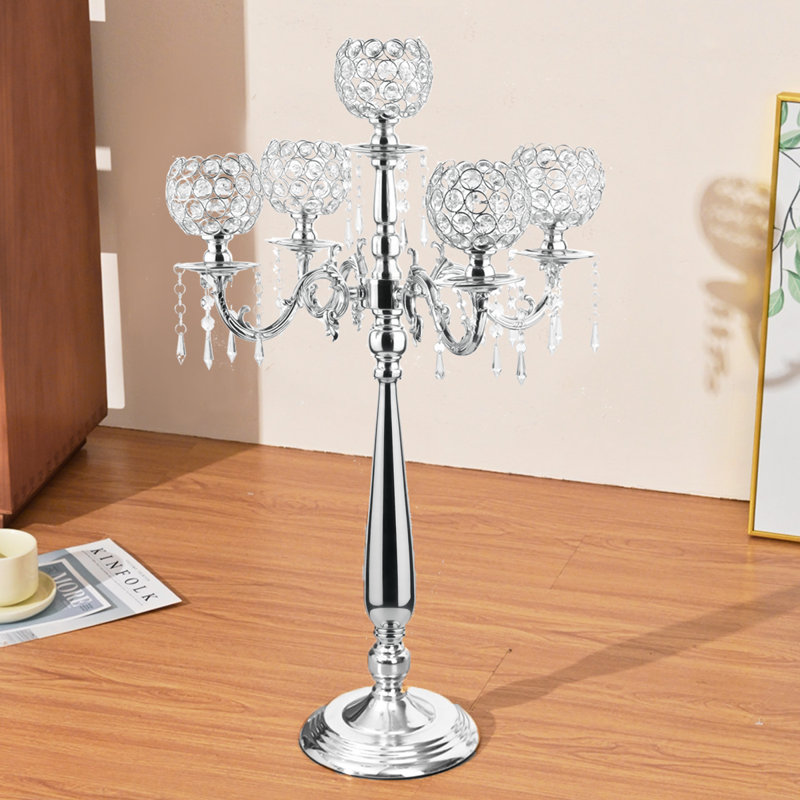 5 Arm Crystal Candelabra Centerpieces For Wedding Tables,29.5 Inches Tall, Silver, 1